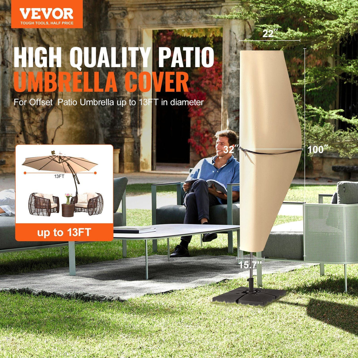 Patio Umbrella Cover for 7ft to 13ft Offset Umbrellas, Water Resistant PU 2000mm, Outdoor Umbrella Cover with Zipper and Rod, Beige