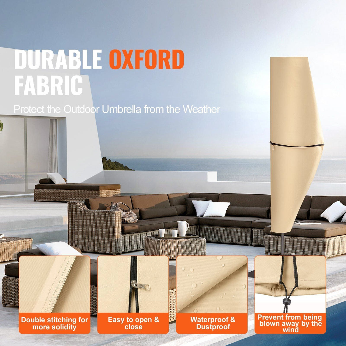Patio Umbrella Cover for 7ft to 13ft Offset Umbrellas, Water Resistant PU 2000mm, Outdoor Umbrella Cover with Zipper and Rod, Beige