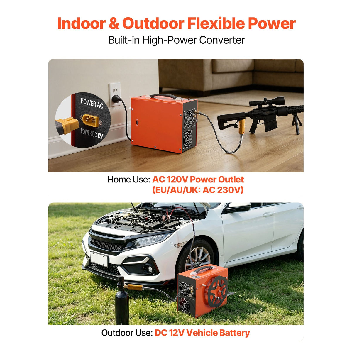 PCP Air Compressor 4500PSI PCP Airgun Compressor & Built-in Converter, Auto Stop 350W DC12V/AC120V Portable Paintball Tank Compressors for Air Rifle, Scuba Diving Bottle
