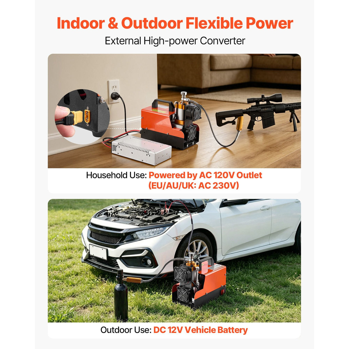 PCP Air Compressor 4500PSI PCP Airgun Compressor & External Converter, Manual Stop 250W DC12V/AC120V Portable Paintball Tank Compressors for Air Rifle, Scuba Diving Bottle