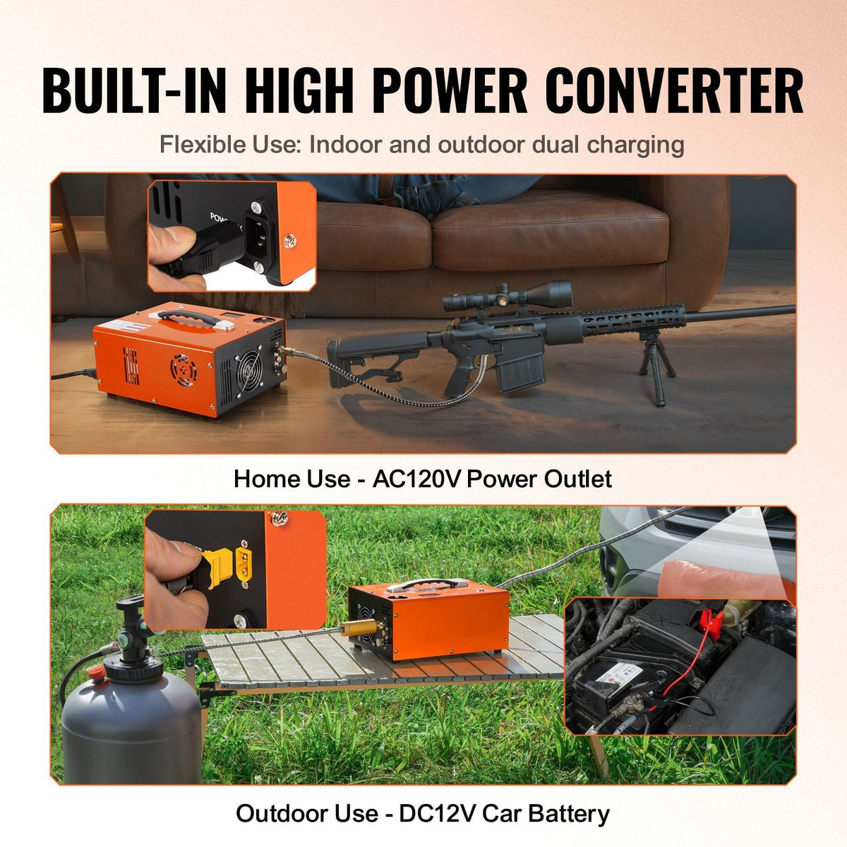PCP Air Compressor, 4500PSI Portable PCP Airgun Compressor with Built-in Converter, Auto-Stop | DC12V/AC120V | Oil & Water-Free Paintball Tank Compressor Pump for Air Rifle, Scuba Diving Bottle