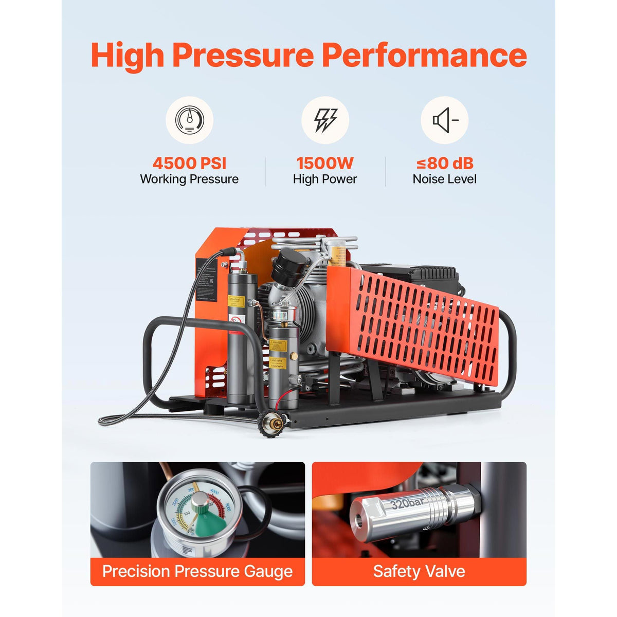 PCP Air Compressor, 4500PSI/30Mpa Diving Scuba Tank Air Compressor, 60 L/min Four-Cylinder Auto Stop PCP Rifle Compressor Pump with Fan Cooling System for Scuba Tanks, Paintball, Firefighting