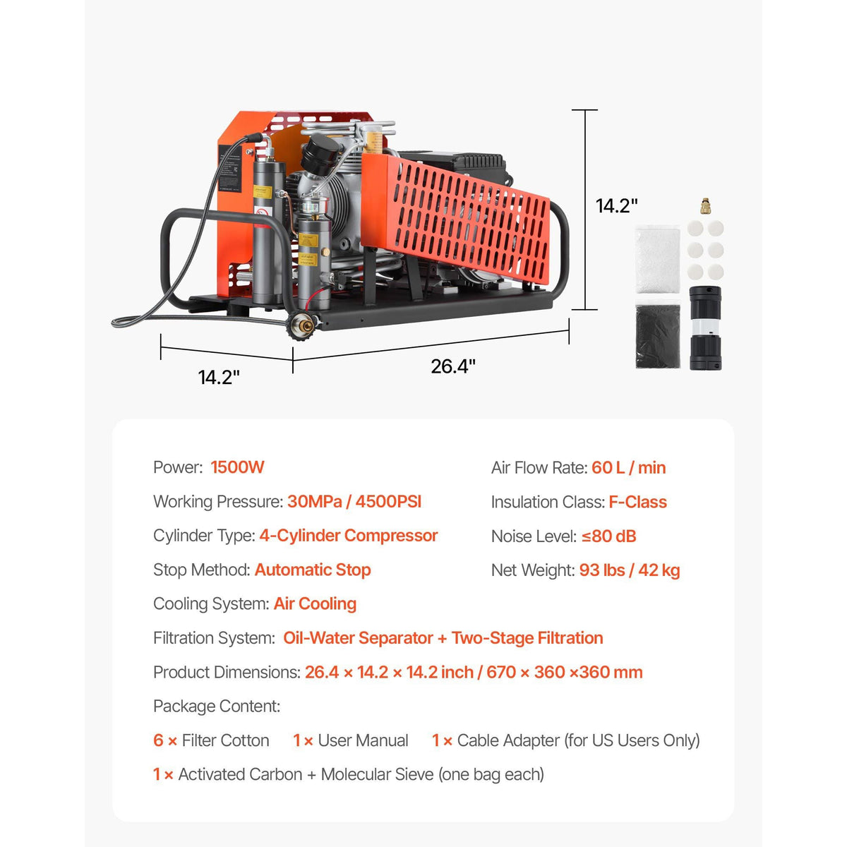 PCP Air Compressor, 4500PSI/30Mpa Diving Scuba Tank Air Compressor, 60 L/min Four-Cylinder Auto Stop PCP Rifle Compressor Pump with Fan Cooling System for Scuba Tanks, Paintball, Firefighting