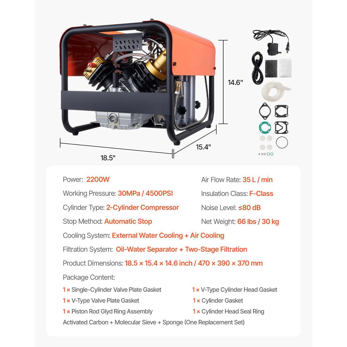 PCP Air Compressor, 4500PSI/30Mpa Diving Scuba Tank Air Compressor, Double-Cylinder Auto Stop PCP Diving Compressor with External Water & Fan Cooling System for Scuba Tanks, Paintball, Air Rifle