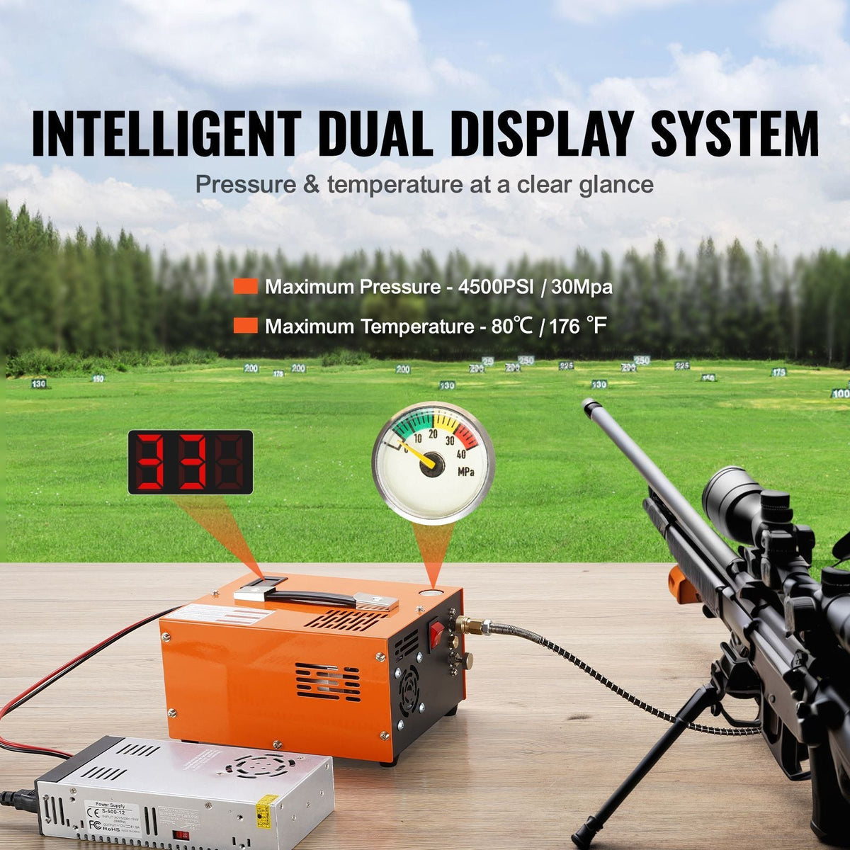 PCP Air Compressor, 4500PSI/30Mpa Portable PCP Airgun Compressor with External Converter, DC12V, AC115V | Oil & Water-Free | Manual-Stop Air Rifle, Paintball and Scuba Tank Compressor Pump