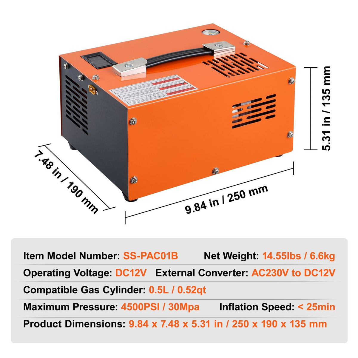 PCP Air Compressor, 4500PSI/30Mpa Portable PCP Airgun Compressor with External Converter, DC12V, AC115V | Oil & Water-Free | Manual-Stop Air Rifle, Paintball and Scuba Tank Compressor Pump