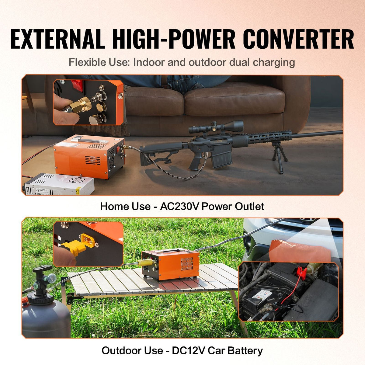 PCP Air Compressor, 4500PSI/30Mpa Portable PCP Airgun Compressor with External Converter, DC12V, AC115V | Oil & Water-Free | Manual-Stop Air Rifle, Paintball and Scuba Tank Compressor Pump