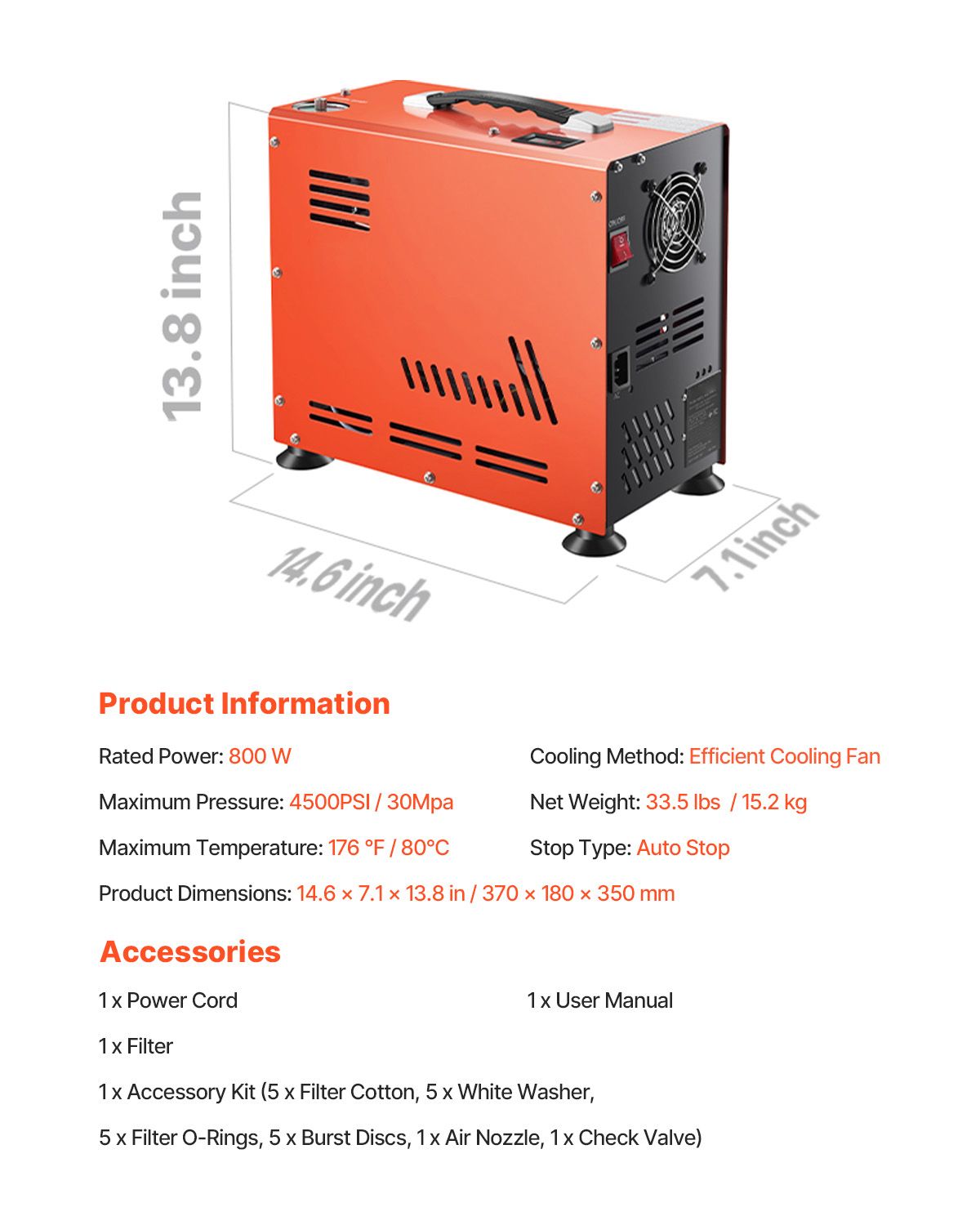 PCP Air Compressor, 800W Dual-Cylinder PCP Airgun Compressor 4500PSI/30Mpa with Built-in Fan Cooling System, Auto-Stop | Oil Free Paintball Tank Compressor for Air Rifle, Scuba Diving Bottle