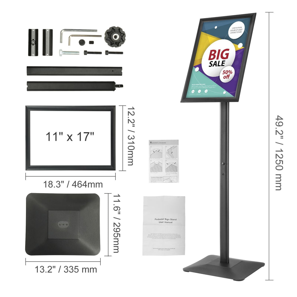 Pedestal Sign Holder, 11 x 17 Inch Vertical and Horizontal Adjustable Poster Stand, Heavy-Duty Floor Standing Sign Holder with Metal Base for Display, Advertisement, and Outdoor, Black