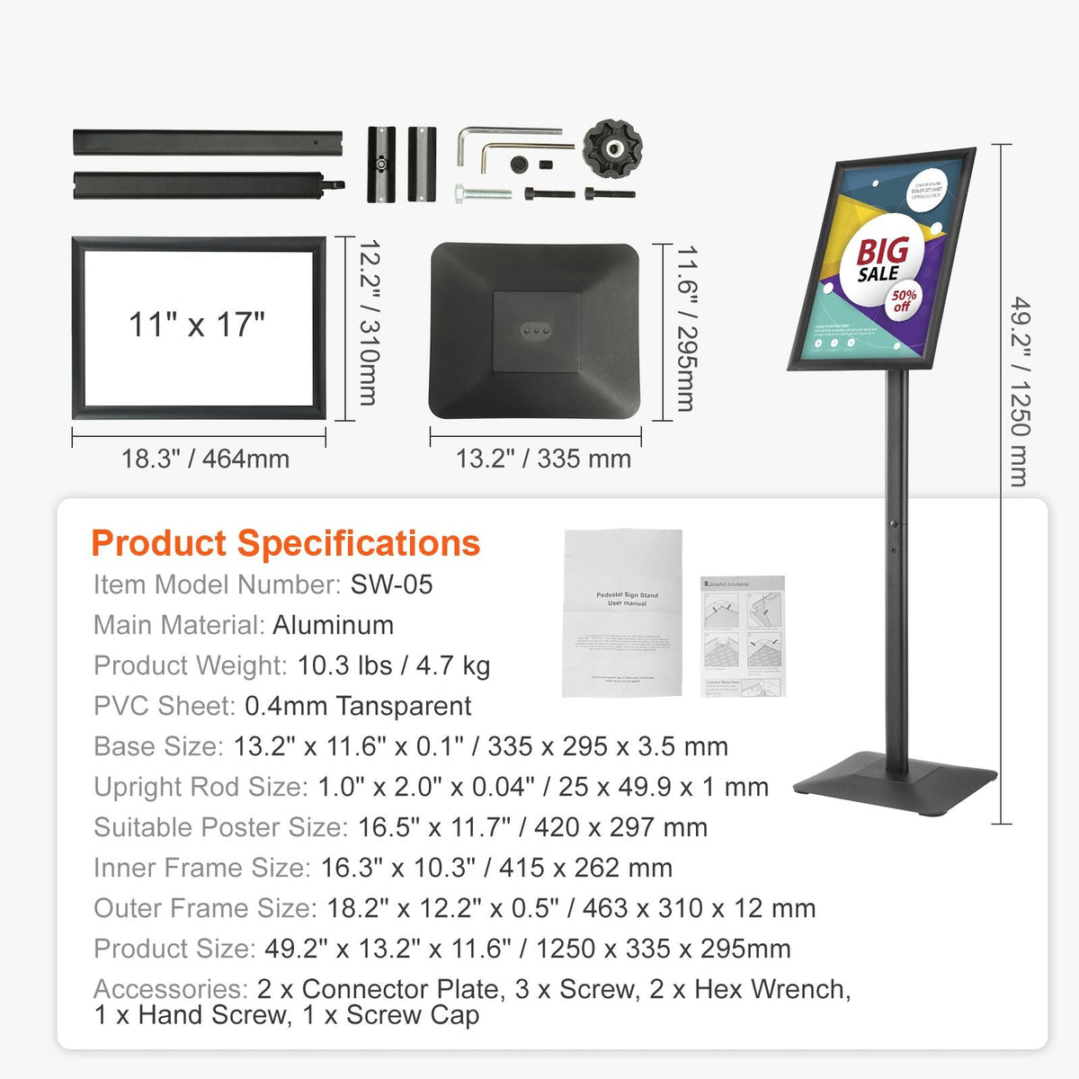 Pedestal Sign Holder, 11 x 17 Inch Vertical and Horizontal Adjustable Poster Stand, Heavy-Duty Floor Standing Sign Holder with Metal Base for Display, Advertisement, and Outdoor, Black