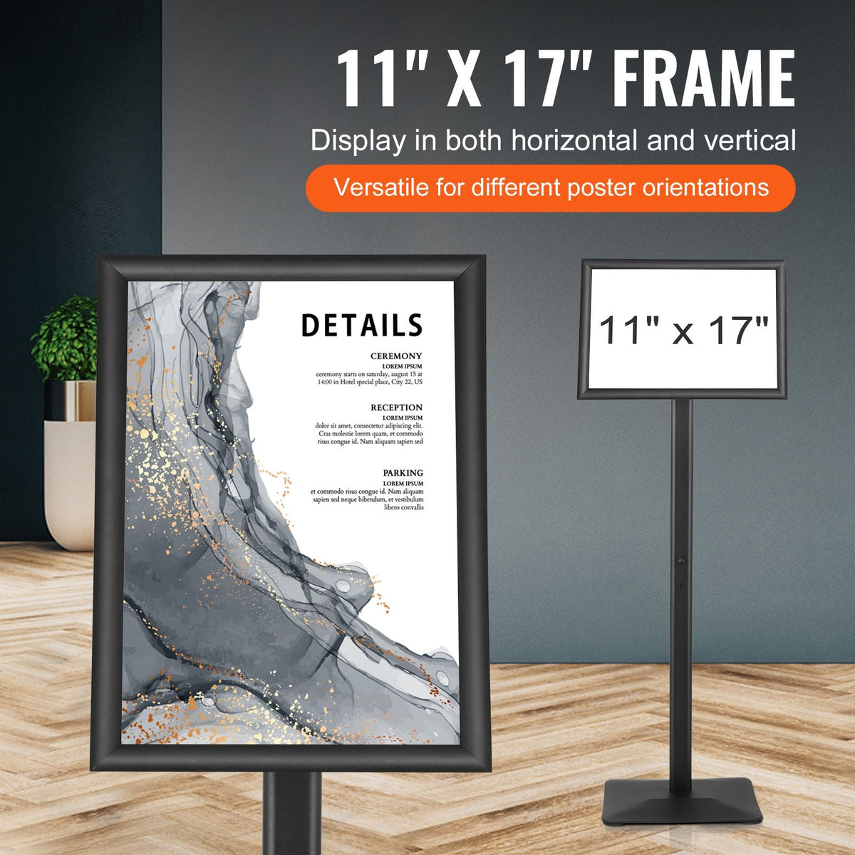 Pedestal Sign Holder, 11 x 17 Inch Vertical and Horizontal Adjustable Poster Stand, Heavy-Duty Floor Standing Sign Holder with Metal Base for Display, Advertisement, and Outdoor, Black