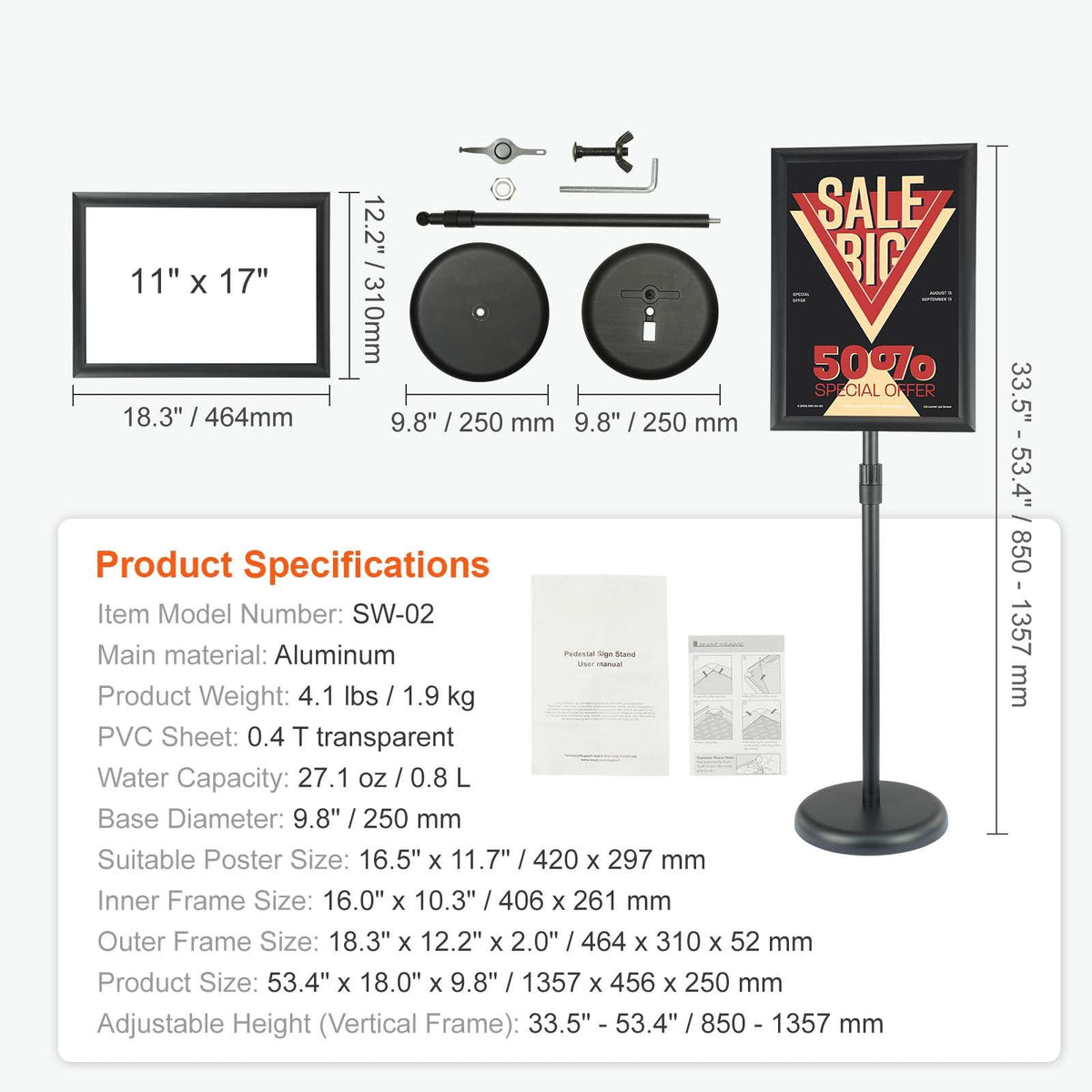 Pedestal Sign Holder, 11 x 17 Inch Vertical and Horizontal Adjustable Poster Stand, Heavy-Duty Floor Standing Sign Holder with Round Base for Display, Advertisement, and Outdoor, Black