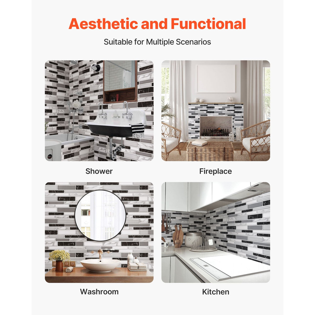 Peel and Stick Backsplash 10-Sheet, 12 x 12 x 0.78 inch / 305 x 305 x 2.0 mm Self-Adhesive Wall Tiles, Stick on Subway Tile Backsplash for Kitchen, 3D Back Splashes for Bathroom, Stone-Look