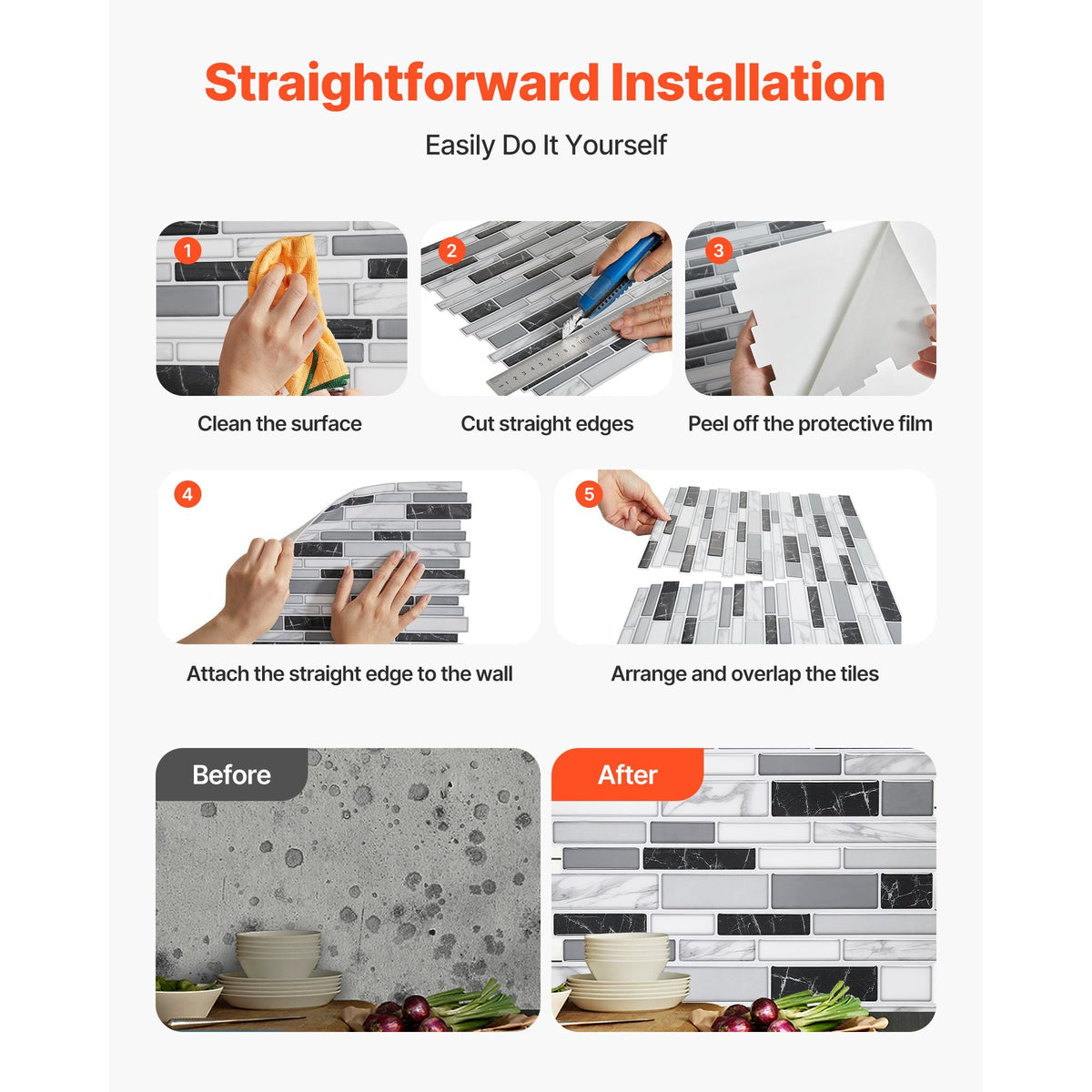Peel and Stick Backsplash 10-Sheet, 12 x 12 x 0.78 inch / 305 x 305 x 2.0 mm Self-Adhesive Wall Tiles, Stick on Subway Tile Backsplash for Kitchen, 3D Back Splashes for Bathroom, Stone-Look