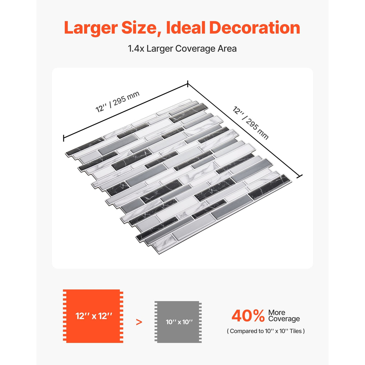 Peel and Stick Backsplash 10-Sheet, 12 x 12 x 0.78 inch / 305 x 305 x 2.0 mm Self-Adhesive Wall Tiles, Stick on Subway Tile Backsplash for Kitchen, 3D Back Splashes for Bathroom, Stone-Look