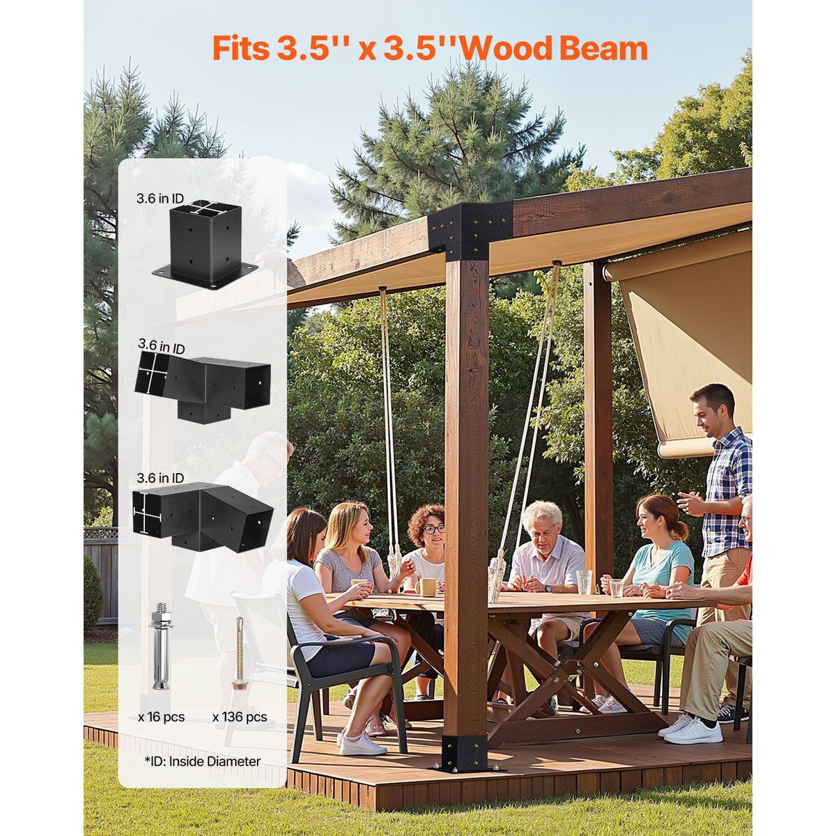 Pergola Kit, 4x4 Inch 3-Way Slanted Bracket for 3.5x3.5 Inch Wood Beams in Actual Size, Carbon Steel Pergola Bracket with Screws and Post Bases, for Outdoor Wood Pergolas, Gazebos, Sheds, 8 Pcs