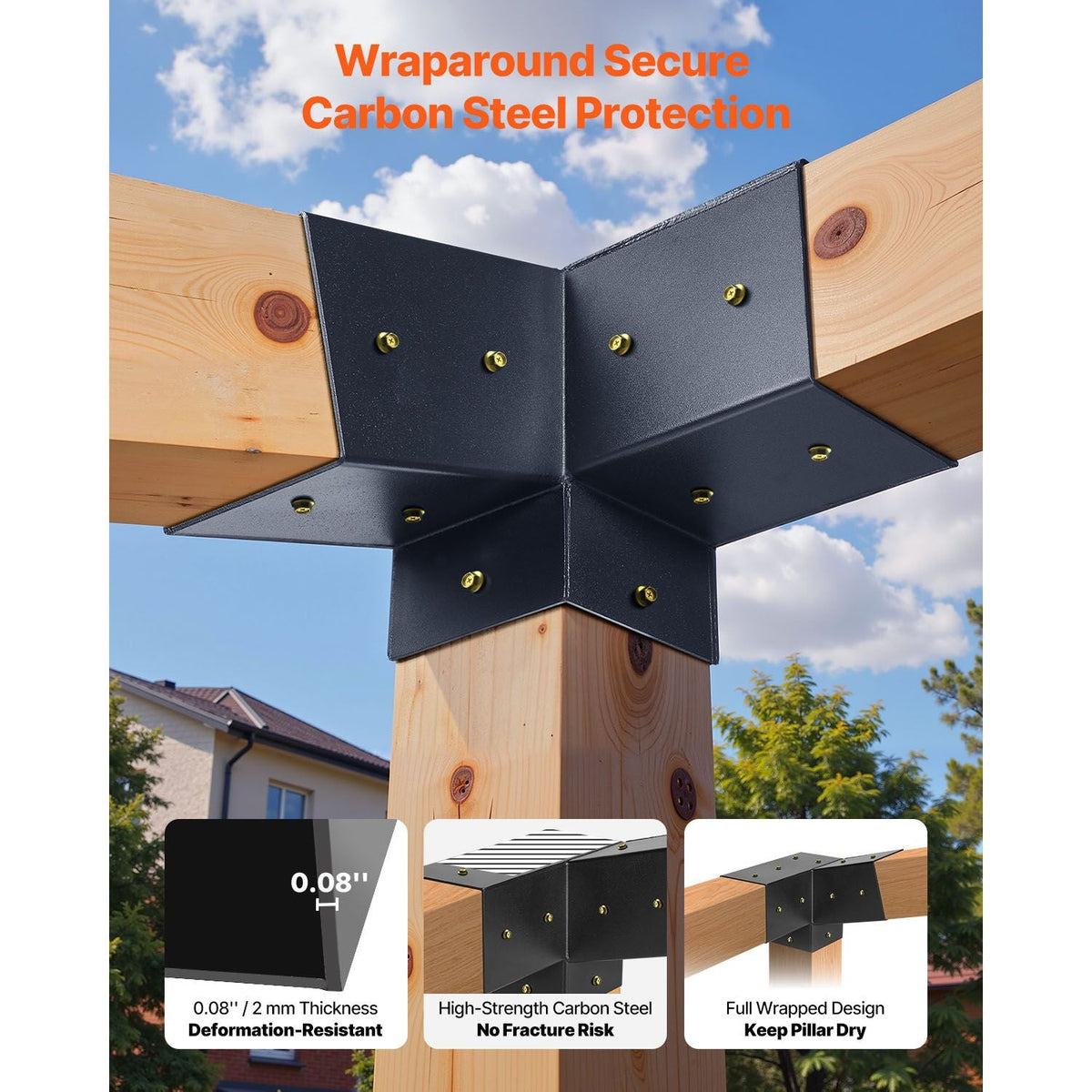 Pergola Kit, 4x4 Inch 3-Way Slanted Bracket for 3.5x3.5 Inch Wood Beams in Actual Size, Carbon Steel Pergola Bracket with Screws and Post Bases, for Outdoor Wood Pergolas, Gazebos, Sheds, 8 Pcs