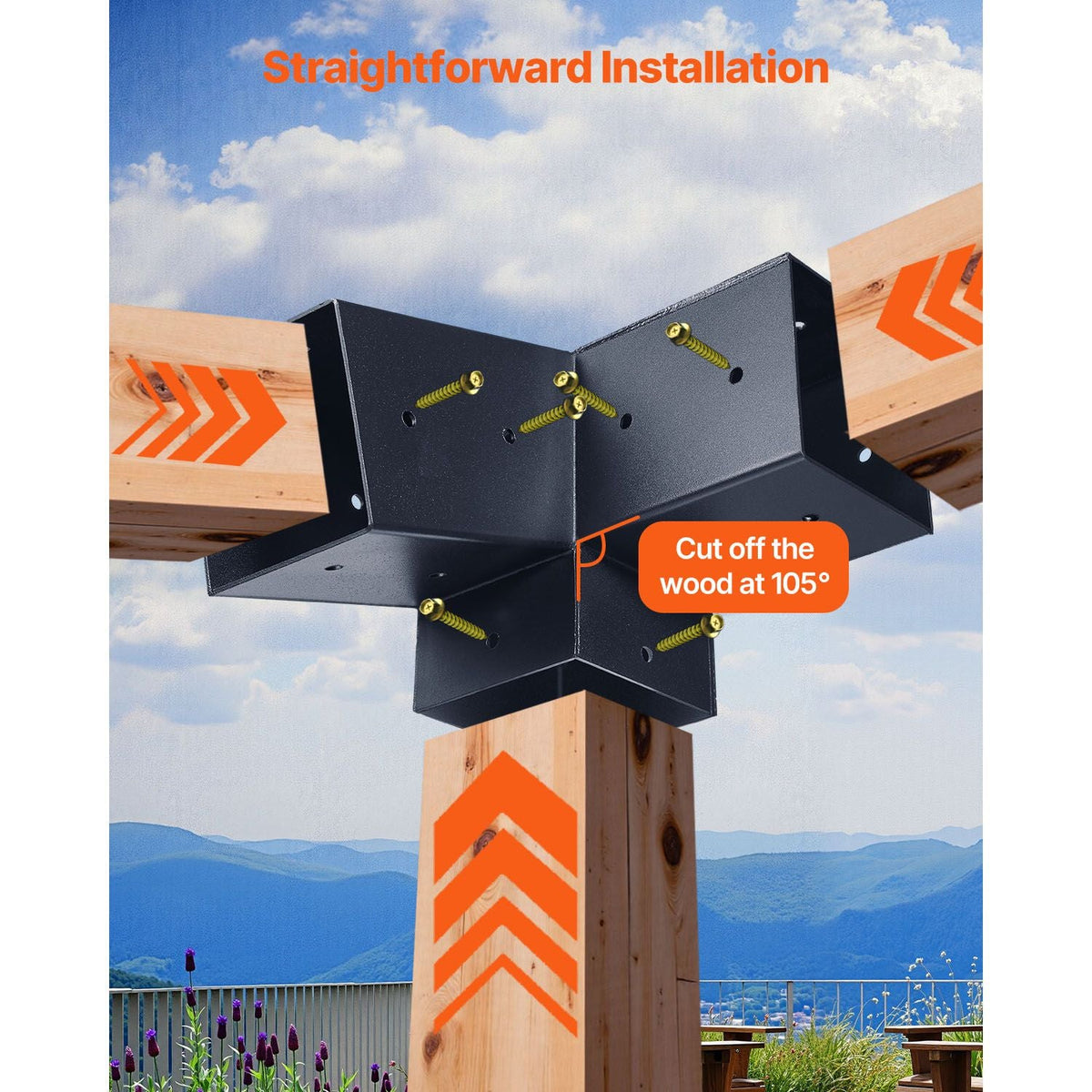 Pergola Kit, 4x4 Inch 3-Way Slanted Bracket for 3.5x3.5 Inch Wood Beams in Actual Size, Carbon Steel Pergola Bracket with Screws and Post Bases, for Outdoor Wood Pergolas, Gazebos, Sheds, 8 Pcs