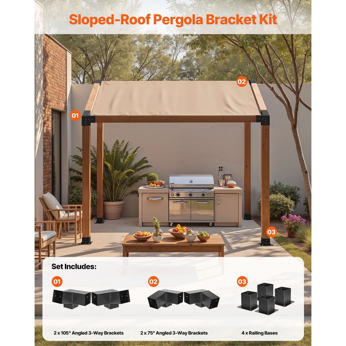 Pergola Kit, 4x4 Inch 3-Way Slanted Bracket for 3.5x3.5 Inch Wood Beams in Actual Size, Carbon Steel Pergola Bracket with Screws and Post Bases, for Outdoor Wood Pergolas, Gazebos, Sheds, 8 Pcs