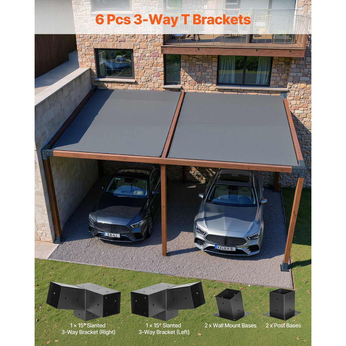 Pergola Kit, 4x4 Inch 3-Way Slanted Brackets for 3.5x3.5 Inch Wood Beams in Actual Size, 2-Pack Pergola Brackets with 2 Post Bases and 2 Wall Mount Bases, for Outdoor Pergolas, Gazebos, Sheds