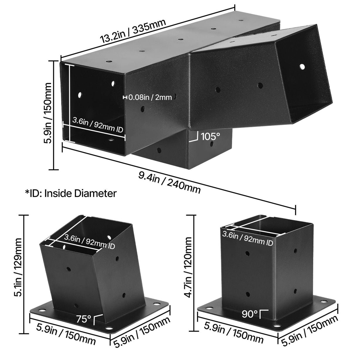 Pergola Kit, 4x4 Inch 4-Way Slanted Bracket for 3.5x3.5 Inch Wood Beams in Actual Size, Carbon Steel Pergola Bracket with Post Base and Wall Mount Base, for Outdoor Pergolas, Gazebos, Sheds