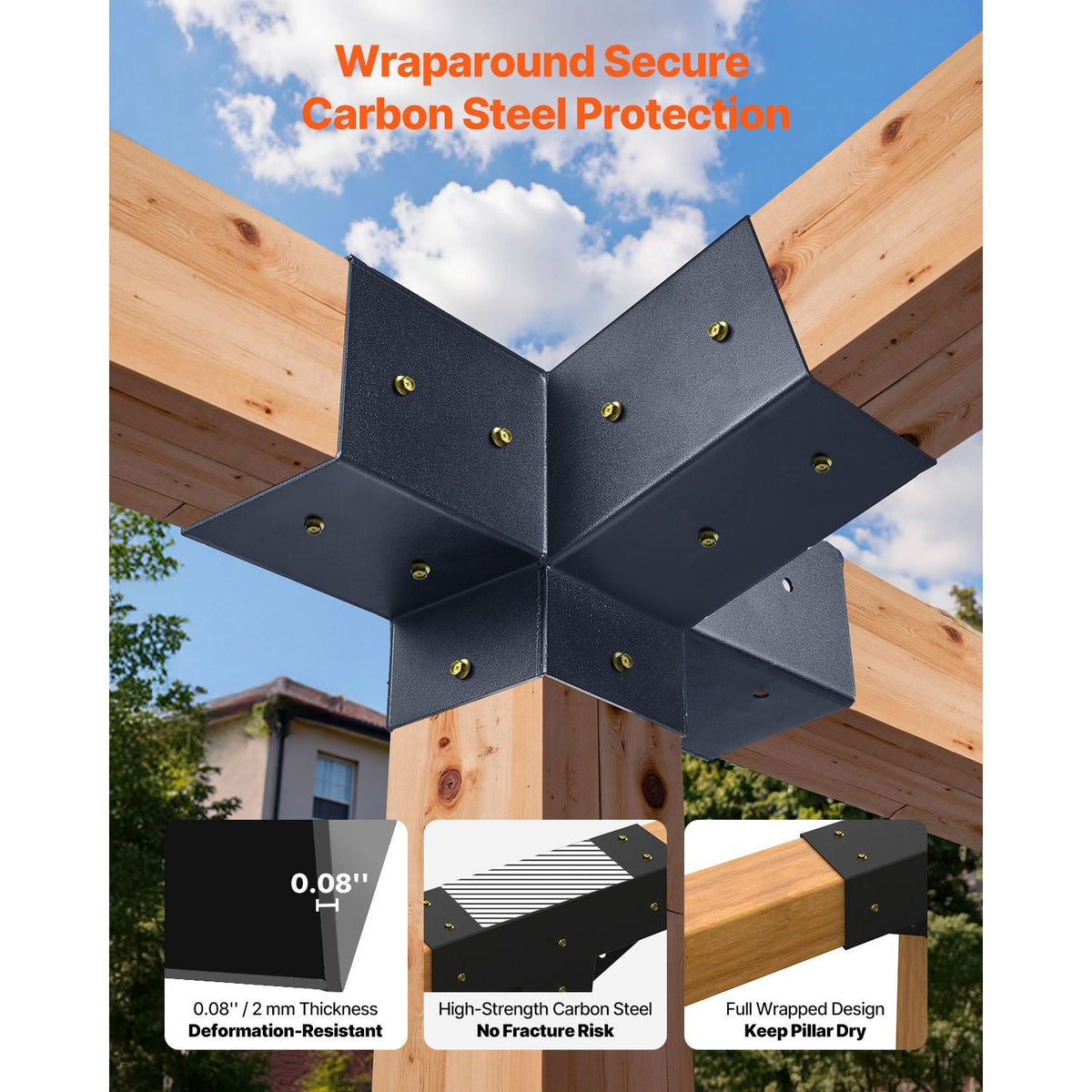 Pergola Kit, 4x4 Inch 4-Way Slanted Bracket for 3.5x3.5 Inch Wood Beams in Actual Size, Carbon Steel Pergola Bracket with Post Base and Wall Mount Base, for Outdoor Pergolas, Gazebos, Sheds
