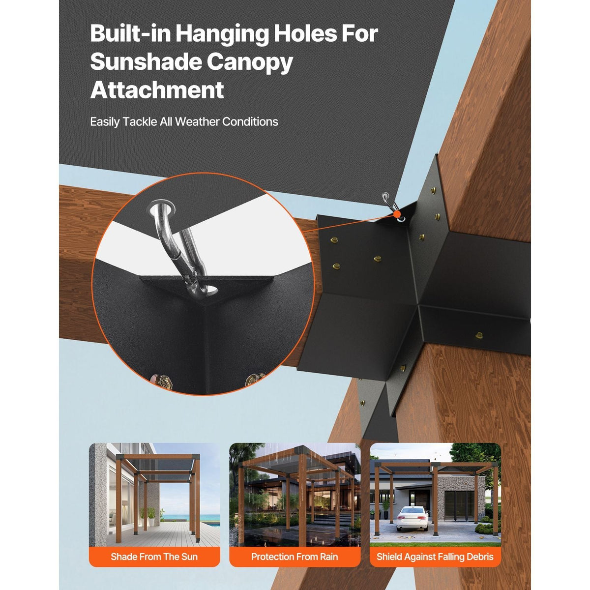 Pergola Kit, 4x4 Inch Pergola Brackets for 3.5x3.5 Inch Wood Beams in Actual Dimension, 3-Way (4 Pcs) and 4-Way (2 Pcs) Gazebo Brackets with 6 Post Bases, for Outdoor Pergolas, Gazebos, Sheds