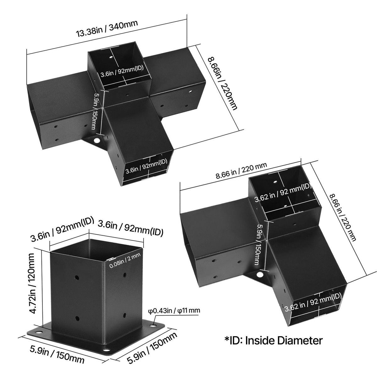 Pergola Kit, 4x4 Inch Pergola Brackets for 3.5x3.5 Inch Wood Beams in Actual Dimension, 3-Way (4 Pcs) and 4-Way (2 Pcs) Gazebo Brackets with 6 Post Bases, for Outdoor Pergolas, Gazebos, Sheds