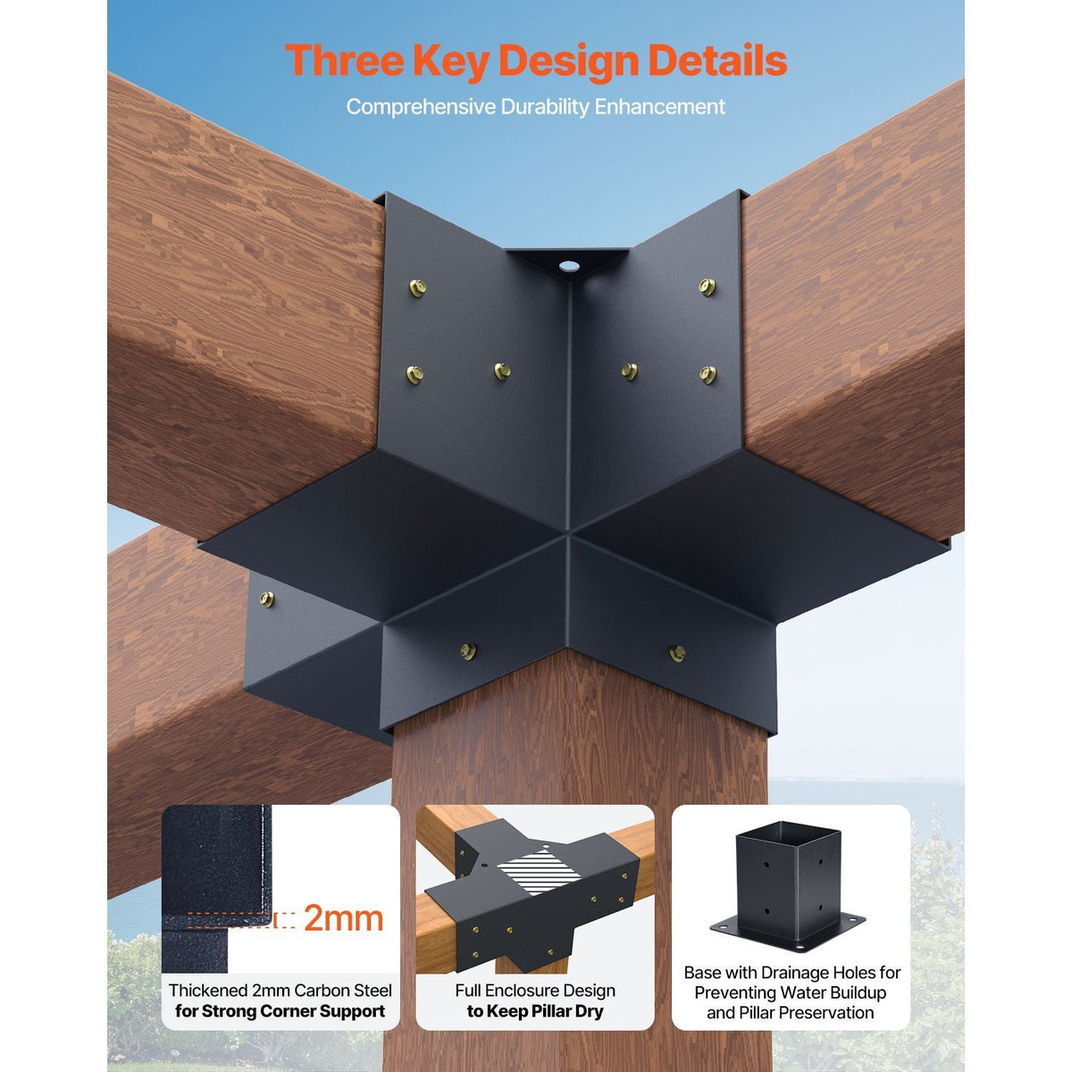 Pergola Kit, 4x4 Inch Pergola Brackets for 3.5x3.5 Inch Wood Beams in Actual Dimension, 3-Way (4 Pcs) and 4-Way (2 Pcs) Gazebo Brackets with 6 Post Bases, for Outdoor Pergolas, Gazebos, Sheds