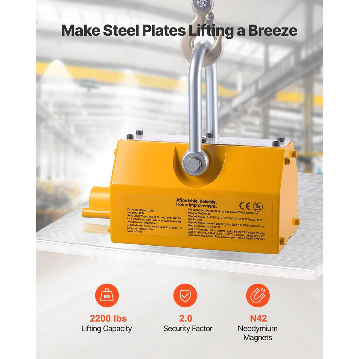 Permanent Magnetic Lifter, 2200 lbs Pulling Capacity, Heavy Duty N42 Neodymium Lifting Magnet with Release Handle and Steel Hook, Used in Shop Crane and Hoist, for Lifting Plate Steel, Board