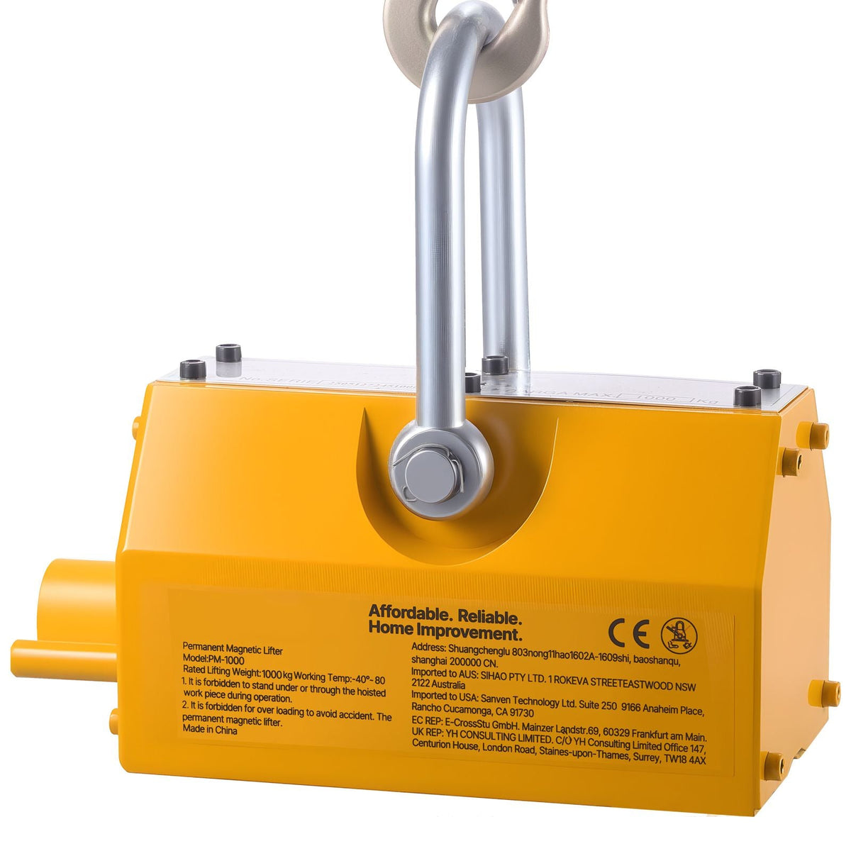 Permanent Magnetic Lifter, 2200 lbs Pulling Capacity, Heavy Duty N42 Neodymium Lifting Magnet with Release Handle and Steel Hook, Used in Shop Crane and Hoist, for Lifting Plate Steel, Board
