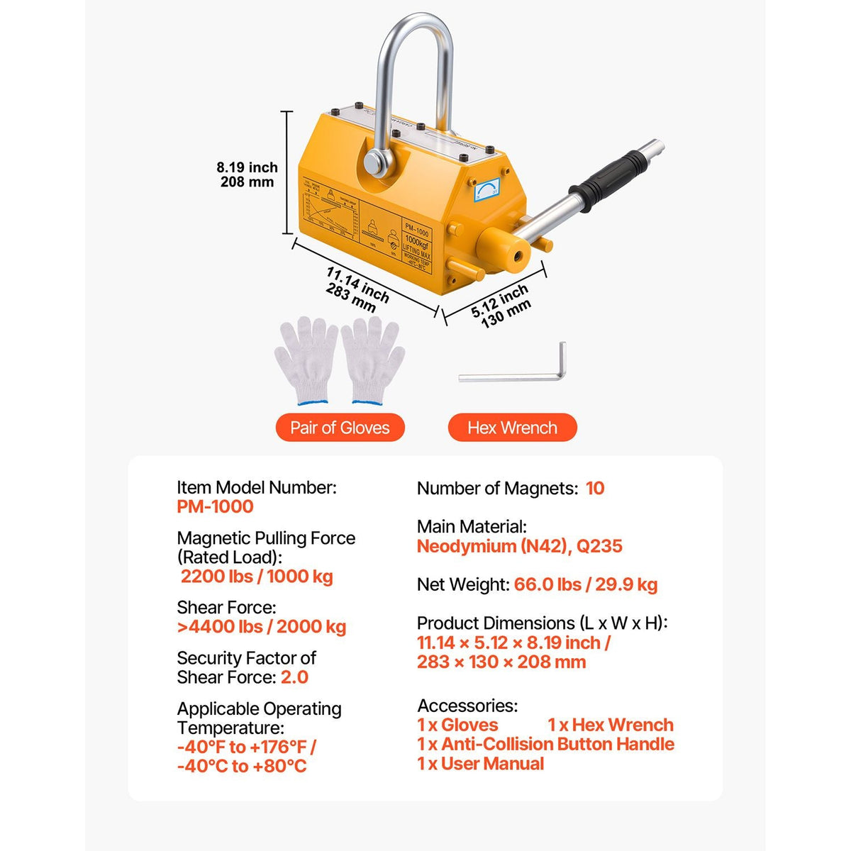 Permanent Magnetic Lifter, 2200 lbs Pulling Capacity, Heavy Duty N42 Neodymium Lifting Magnet with Release Handle and Steel Hook, Used in Shop Crane and Hoist, for Lifting Plate Steel, Board