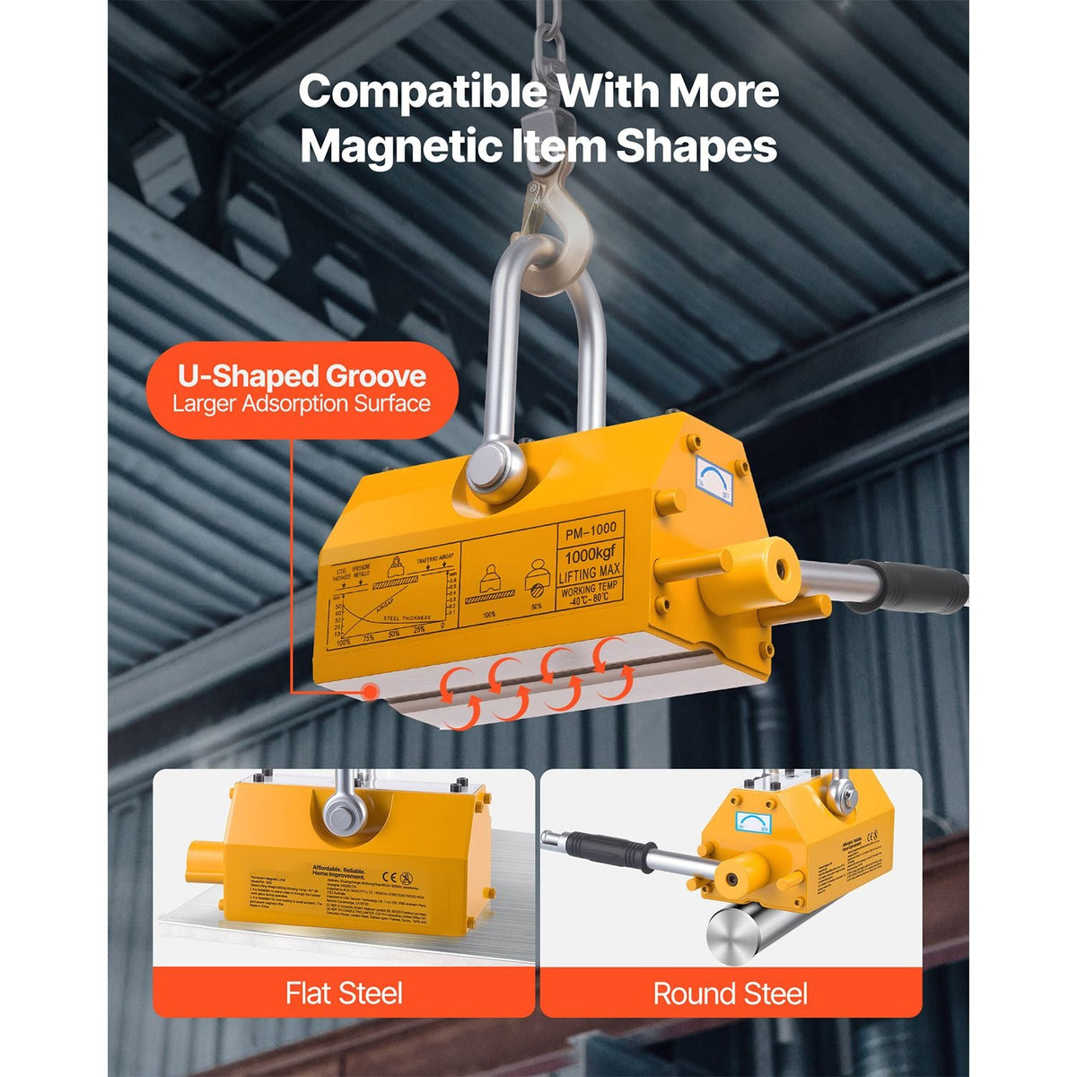 Permanent Magnetic Lifter, 2200 lbs Pulling Capacity, Heavy Duty N42 Neodymium Lifting Magnet with Release Handle and Steel Hook, Used in Shop Crane and Hoist, for Lifting Plate Steel, Board