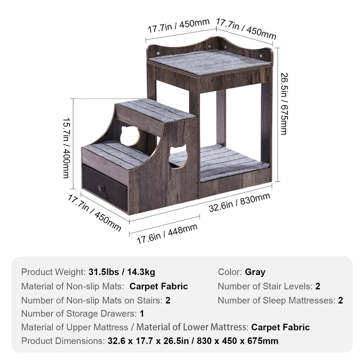 Pet Bunk Bed with Removable Stairs, Dog/Cat Window Perch with Storage, Multi-Level Bed Window Perch Dog Bedside Sleeper Couch, Small Pet Seat Platform, Indoor Use (Gray)