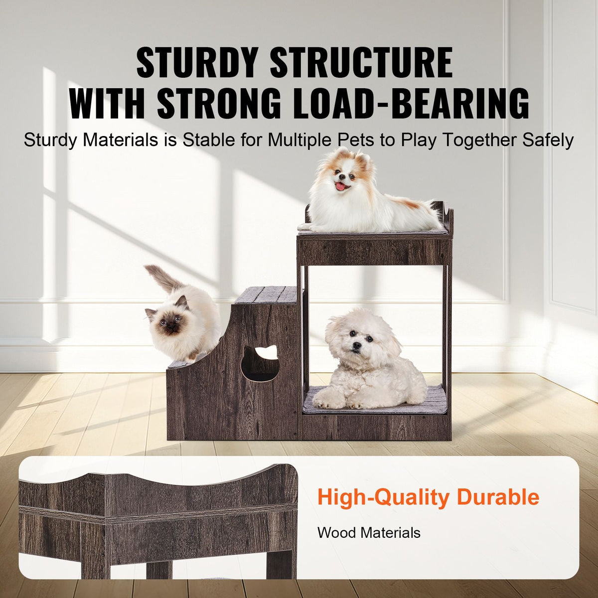 Pet Bunk Bed with Removable Stairs, Dog/Cat Window Perch with Storage, Multi-Level Bed Window Perch Dog Bedside Sleeper Couch, Small Pet Seat Platform, Indoor Use (Gray)