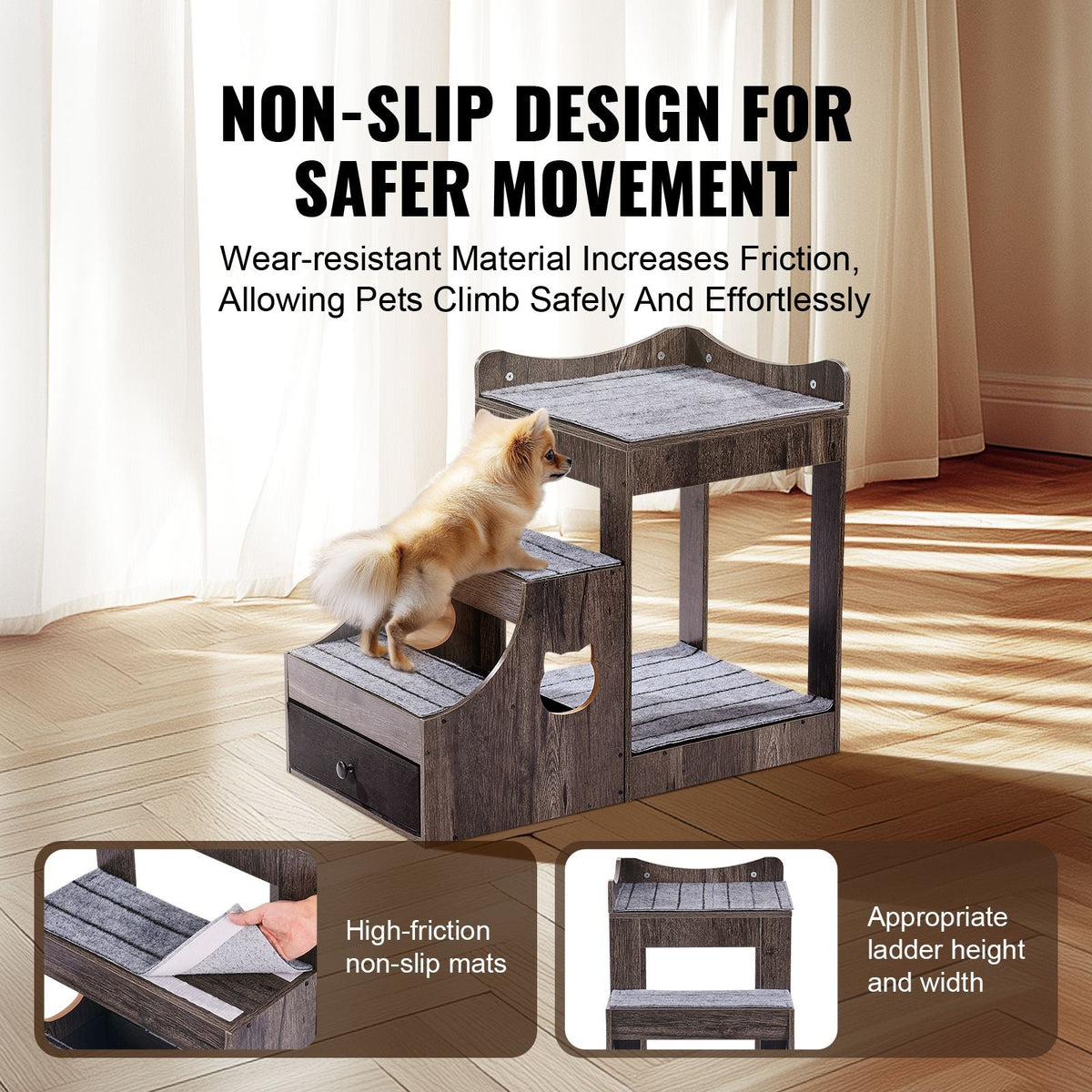 Pet Bunk Bed with Removable Stairs, Dog/Cat Window Perch with Storage, Multi-Level Bed Window Perch Dog Bedside Sleeper Couch, Small Pet Seat Platform, Indoor Use (Gray)