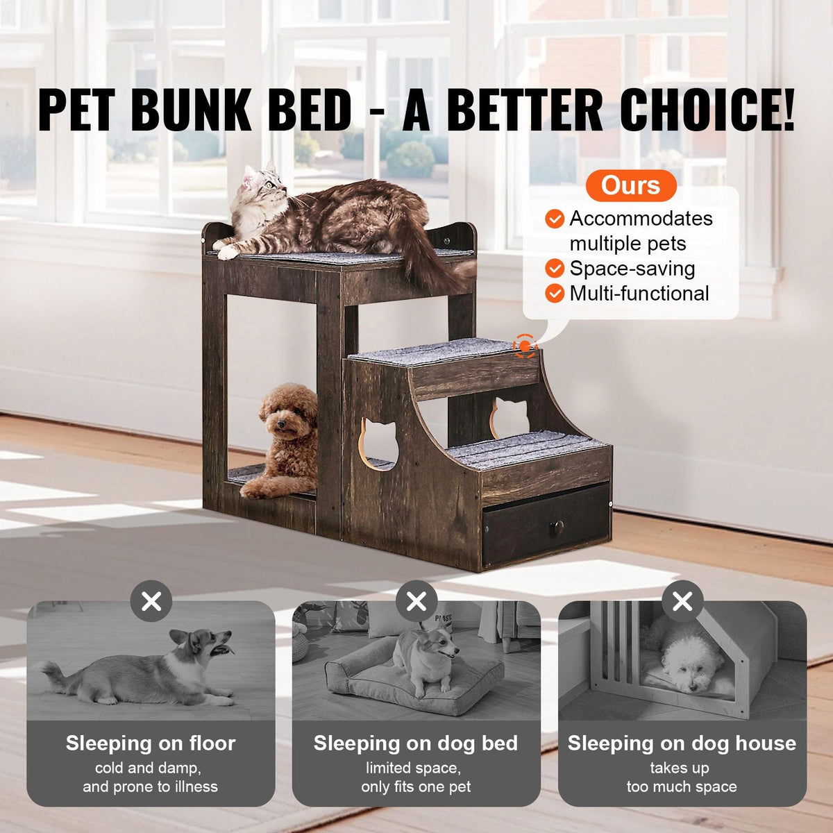 Pet Bunk Bed with Removable Stairs, Dog/Cat Window Perch with Storage, Multi-Level Bed Window Perch Dog Bedside Sleeper Couch, Small Pet Seat Platform, Indoor Use (Gray)