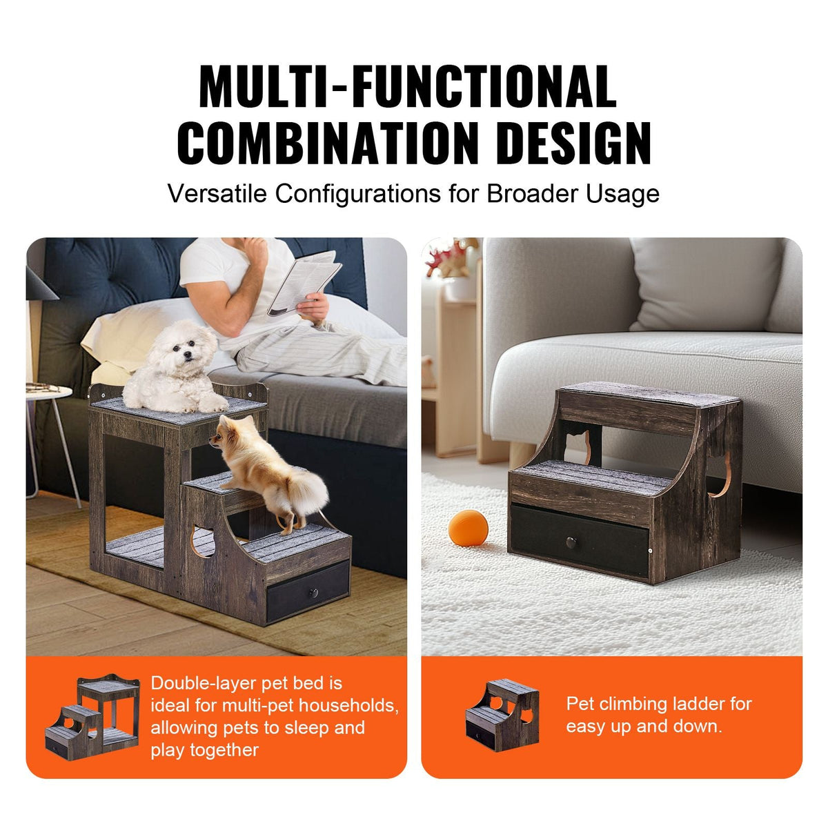Pet Bunk Bed with Removable Stairs, Dog/Cat Window Perch with Storage, Multi-Level Bed Window Perch Dog Bedside Sleeper Couch, Small Pet Seat Platform, Indoor Use (Gray)