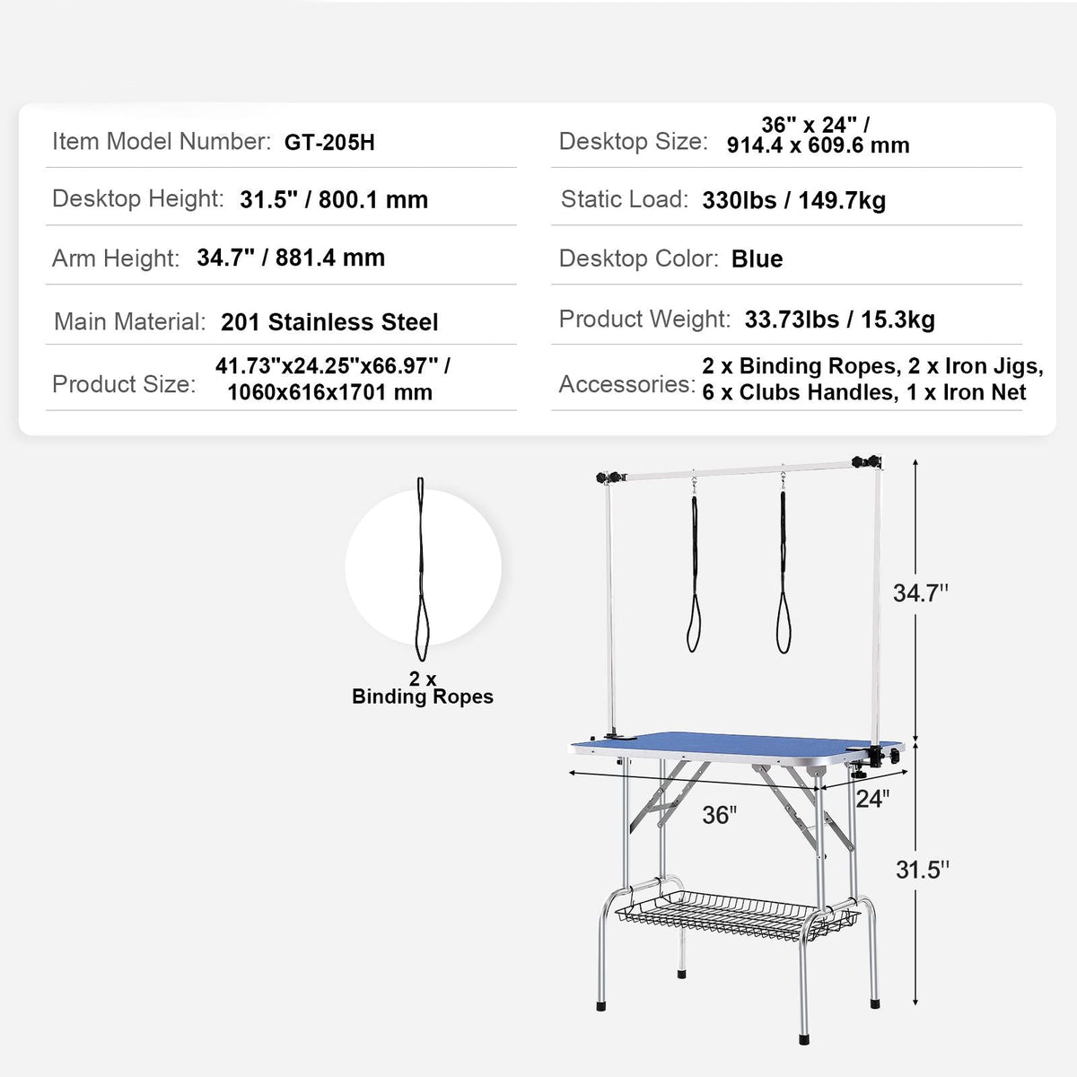 Pet Grooming Table Two Arms with Clamp, 36''x24'' Dog Grooming Station, Foldable Pets Grooming Stand for Medium and Small Dogs, Free No Sit Haunch Holder with Grooming Loop, Bearing 330lbs
