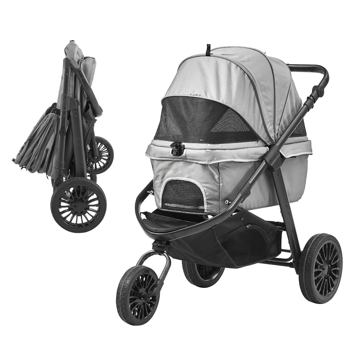 Pet Stroller, 3 PU Wheels Dog Stroller Rotate with Brakes, 75 lbs Weight Capacity, Puppy Stroller with Pet Pad, Storage Basket and External Cup Holder, for Small to Medium Sized Dogs, Grey