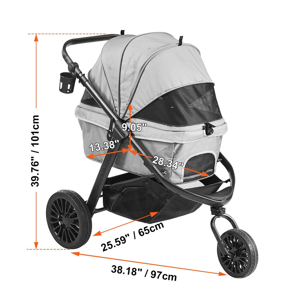 Pet Stroller, 3 PU Wheels Dog Stroller Rotate with Brakes, 75 lbs Weight Capacity, Puppy Stroller with Pet Pad, Storage Basket and External Cup Holder, for Small to Medium Sized Dogs, Grey