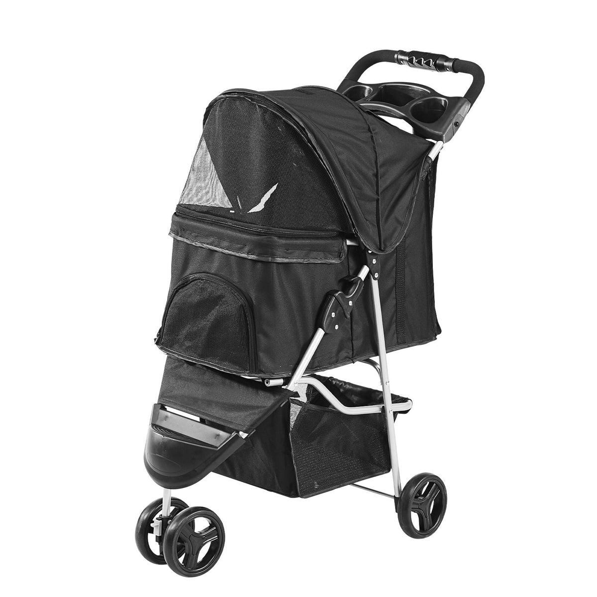 Pet Stroller, 3 Wheels Dog Stroller Rotate with Brakes, 35lbs Weight Capacity, Puppy Stroller with Front Pedal, Velcro, Storage Basket and Cup Holder, for Dogs and Cats Travel, Black