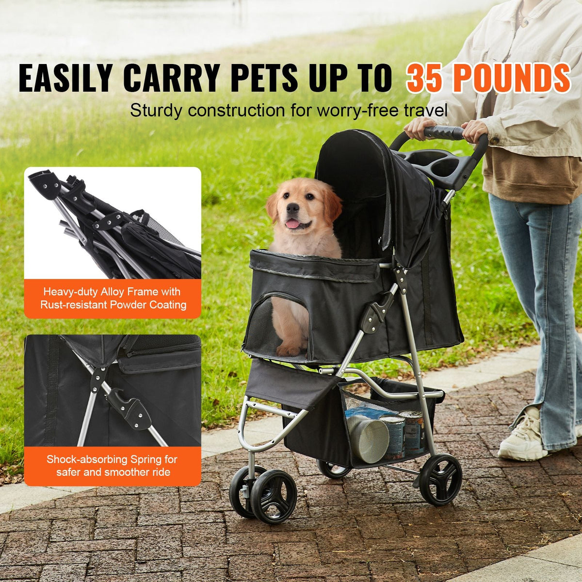 Pet Stroller, 3 Wheels Dog Stroller Rotate with Brakes, 35lbs Weight Capacity, Puppy Stroller with Front Pedal, Velcro, Storage Basket and Cup Holder, for Dogs and Cats Travel, Black