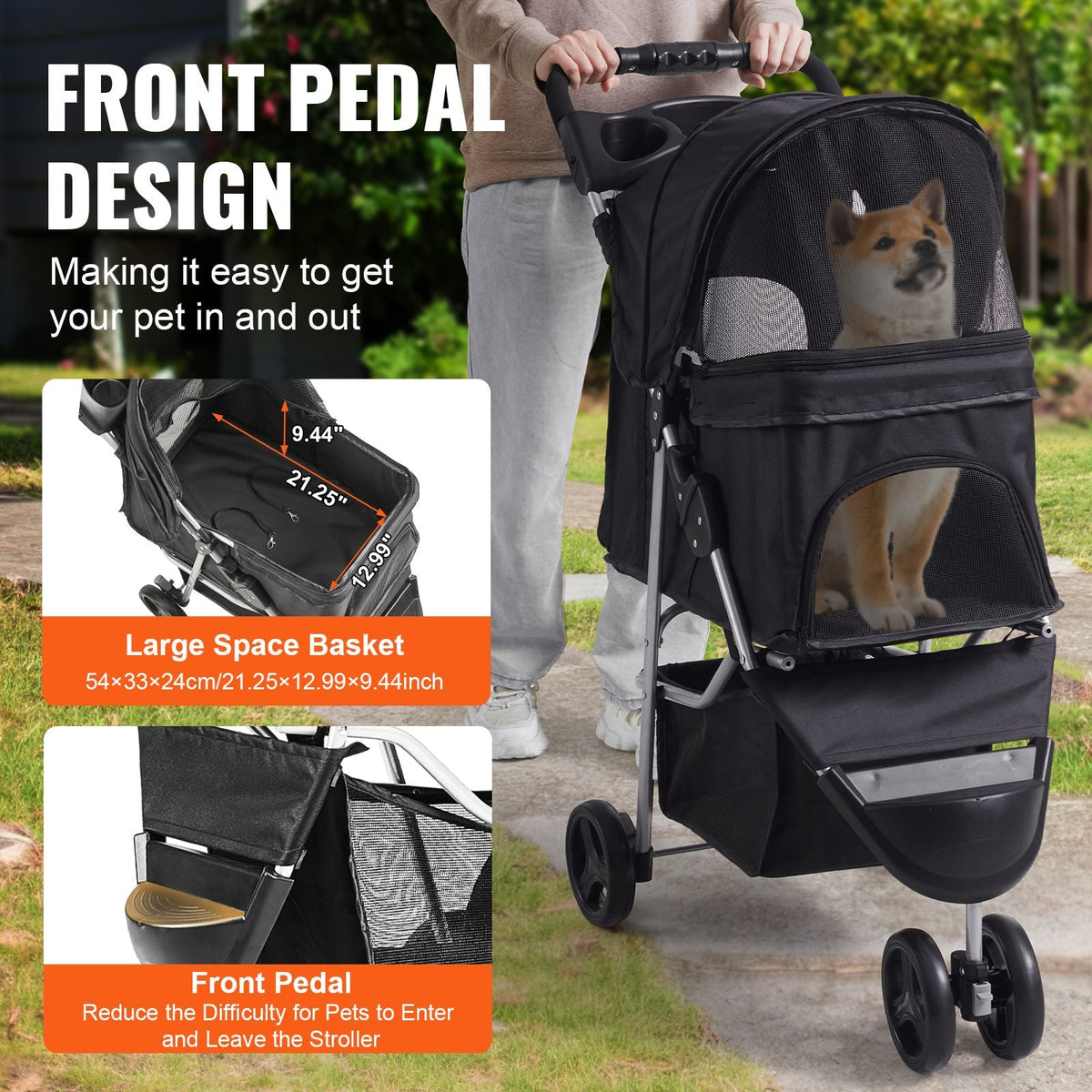 Pet Stroller, 3 Wheels Dog Stroller Rotate with Brakes, 35lbs Weight Capacity, Puppy Stroller with Front Pedal, Velcro, Storage Basket and Cup Holder, for Dogs and Cats Travel, Black