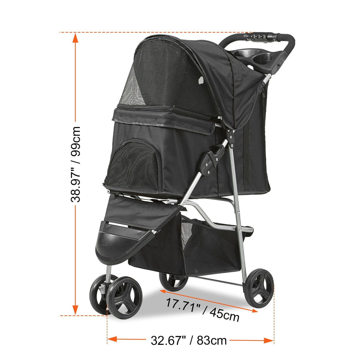 Pet Stroller, 3 Wheels Dog Stroller Rotate with Brakes, 35lbs Weight Capacity, Puppy Stroller with Front Pedal, Velcro, Storage Basket and Cup Holder, for Dogs and Cats Travel, Black