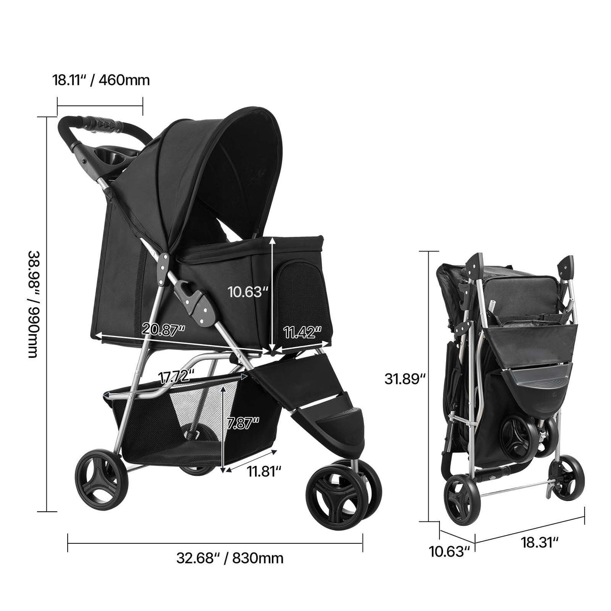 Pet Stroller, 35 lbs Weight Capacity, Foldable Dog Stroller Cart, 3 Wheels Cats Stroller with Mesh Windows and Cup Holders, Portable Pet Carrier Stroller with Brake, for Small to Medium Pets