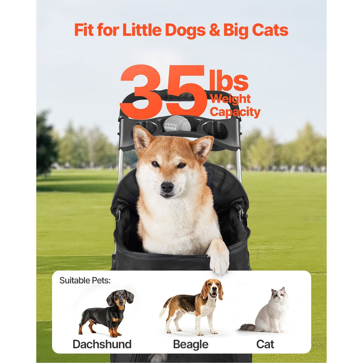 Pet Stroller, 35 lbs Weight Capacity, Foldable Dog Stroller Cart, 4 Wheels Cats Pram with Detachable Carrier & Mesh Windows, Portable Animal Carrier with Brake for Small to Medium Pets