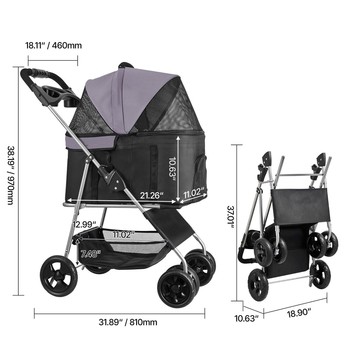 Pet Stroller, 35 lbs Weight Capacity, Foldable Dog Stroller Cart, 4 Wheels Cats Pram with Detachable Carrier & Mesh Windows, Portable Animal Carrier with Brake for Small to Medium Pets