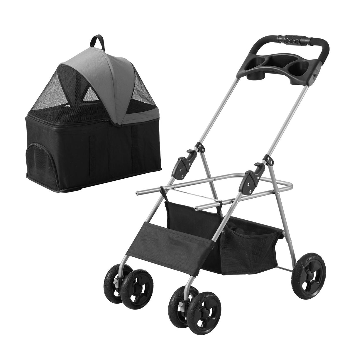 Pet Stroller, 4 Wheels Dog Stroller Rotate with Brakes, 35lbs Weight Capacity, Puppy Stroller with Detachable Carrier, Storage Basket and Cup Holder, for Dogs and Cats Travel, Black+Dark Grey