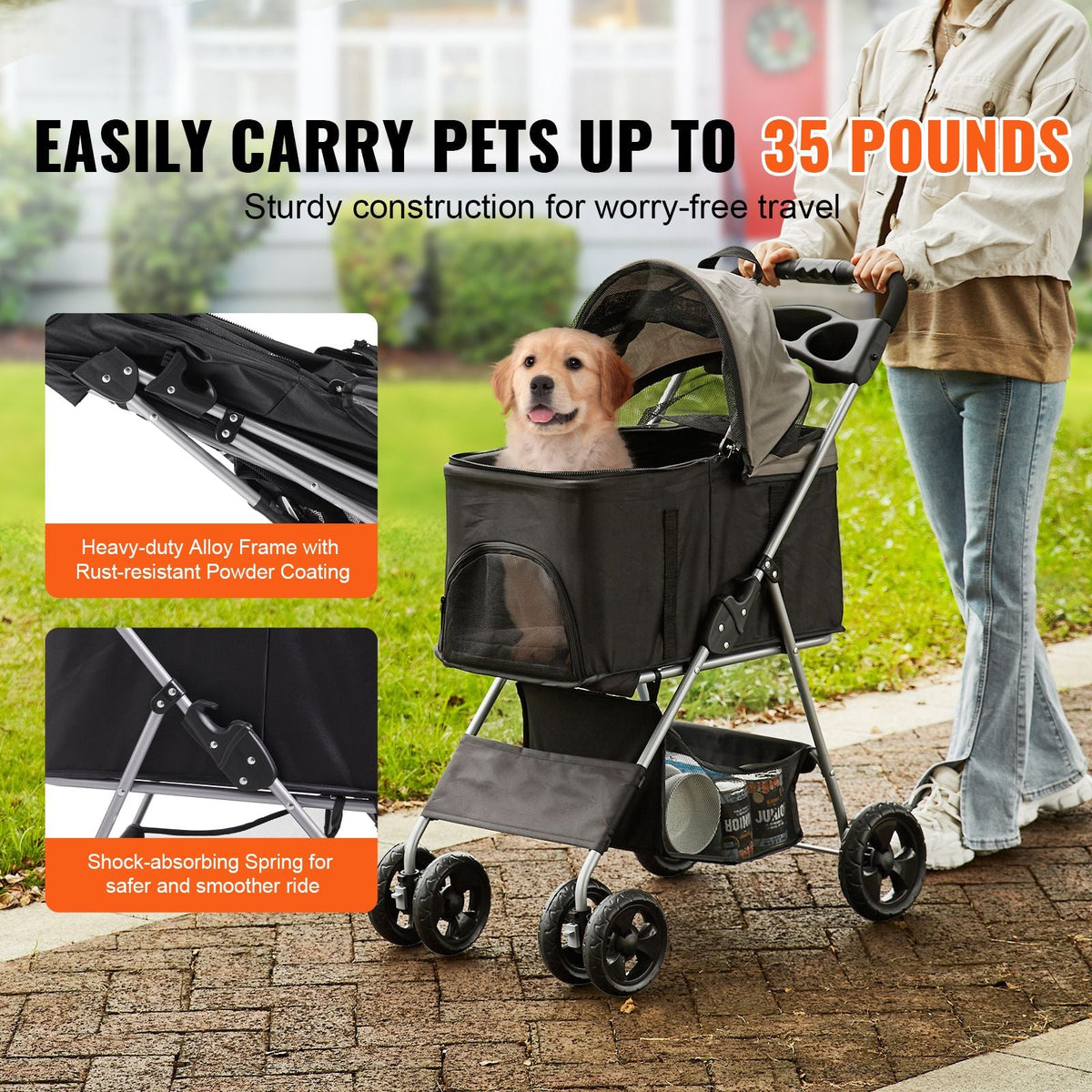 Pet Stroller, 4 Wheels Dog Stroller Rotate with Brakes, 35lbs Weight Capacity, Puppy Stroller with Detachable Carrier, Storage Basket and Cup Holder, for Dogs and Cats Travel, Black+Dark Grey
